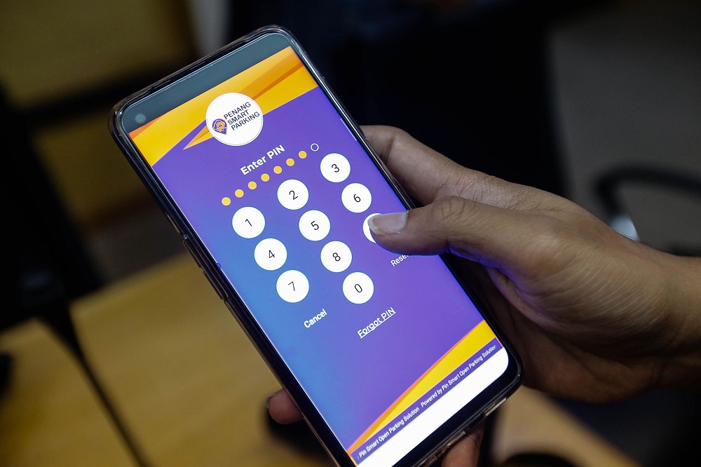 The Penang Smart Parking apps is pictured on a smartphone during a press conference at Komtar in George Town September 2, 2020. u00e2u20acu201d Picture by Sayuti Zainudin