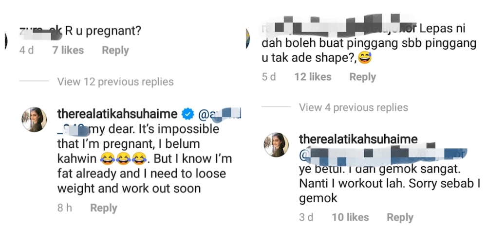 Comments by Instagram users and Atikah's replies. -- Screenshot via Instagram/ Atikah Suhaime