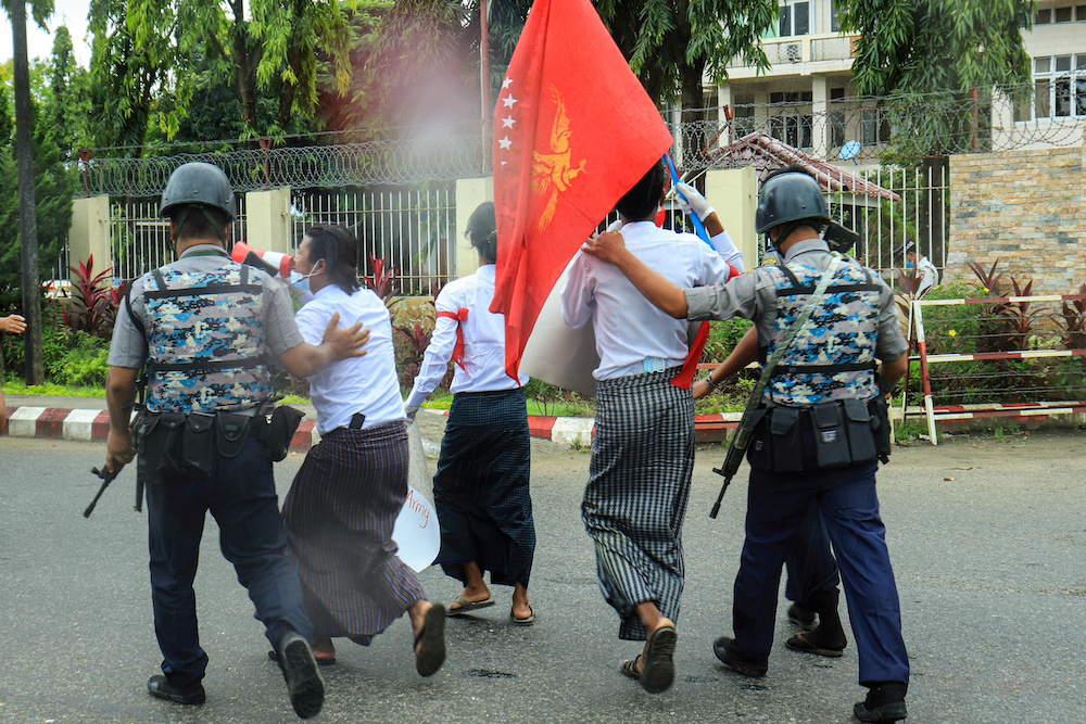 Police detain students protesting against months-long internet shutdown in Rakhine state in Myanmar, September 9, 2020. u00e2u20acu201d Reuters pic