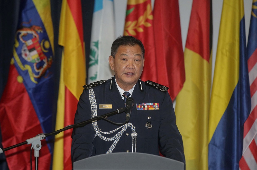 Inspector-General of Police Tan Sri Abdul Hamid Bador delivers his speech at the Police Air Force Team Training Base in Ipoh September 11, 2020. u00e2u20acu201d Picture by Farhan Najib