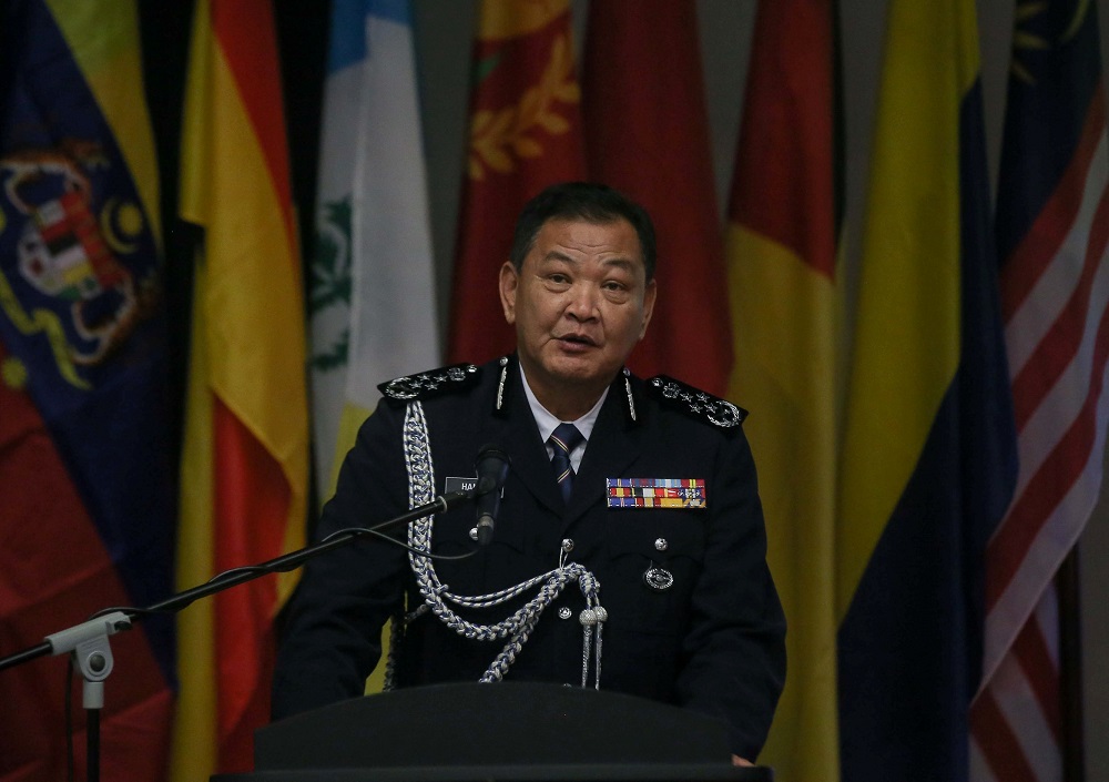 Inspector-General of Police Tan Sri Abdul Hamid Bador delivers his speech at the Police Air Force Team Training Base in Ipoh September 11, 2020. u00e2u20acu201d Picture by Farhan Najib