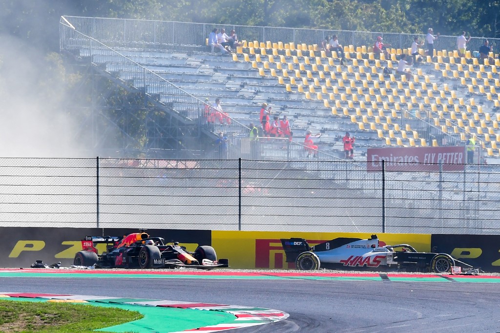 Haas F1's French driver Romain Grosjean (right) and Red Bull's Dutch driver Max Verstappen crash during during the Tuscany Formula One Grand Prix at the Mugello circuit in Scarperia e San Piero on September 13, 2020. u00e2u20acu201d Reuters picnn