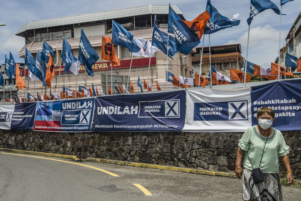 Party flags are seen during the Sabah state election campaign in Luyang, Sabah September 14, 2020. u00e2u20acu201d Picture by Firdaus Latif