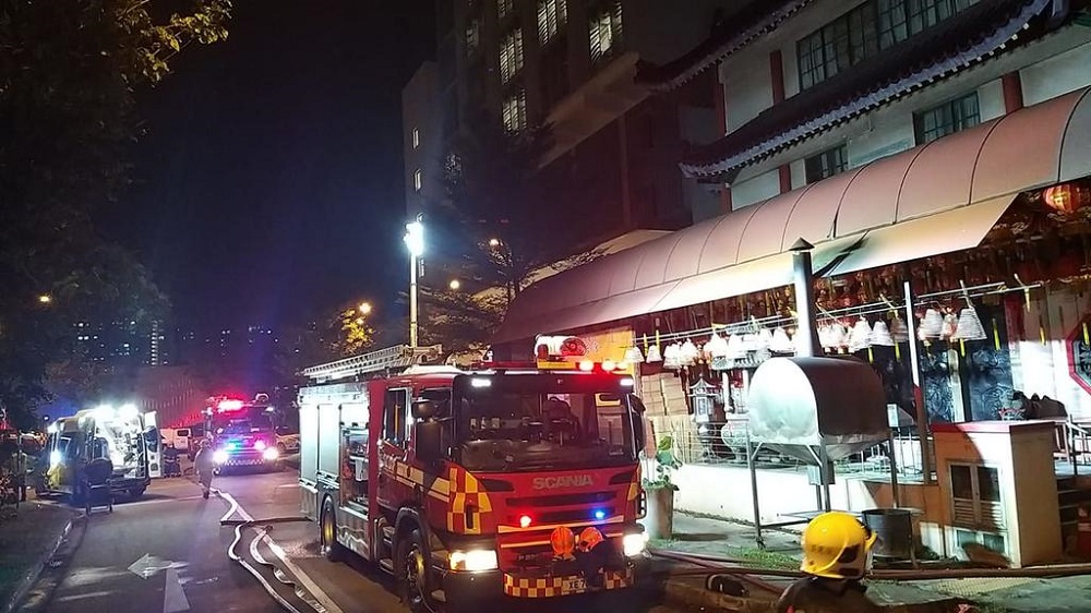 A total of 11 emergency vehicles and about 60 firefighters were deployed to fight a fire that broke out at a Buddhist temple located at 28 Admiralty Street. u00e2u20acu201d TODAY pic