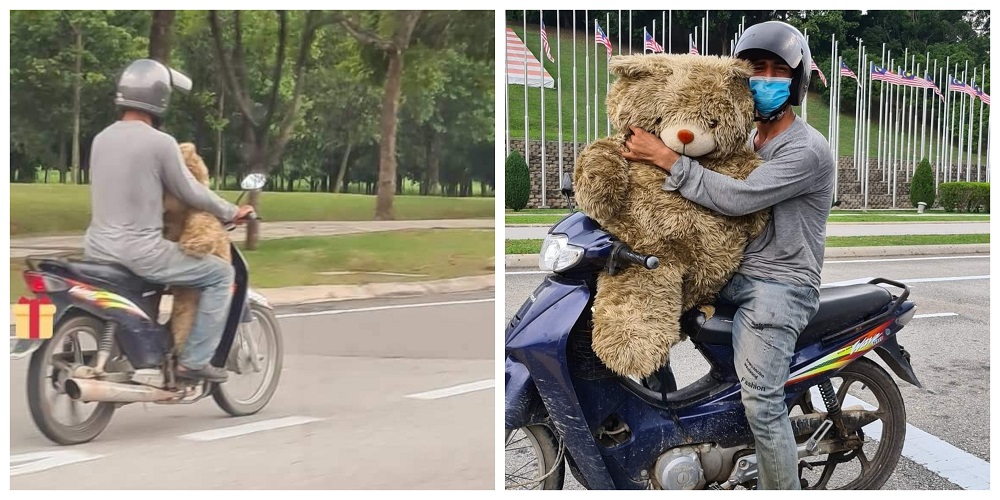 Local businessman, Azri Walter stumbled upon a man carrying a huge teddy bear while on his way to his office in Putrajaya. u00e2u20acu201d Photo courtesy of Facebook/Azri Walter