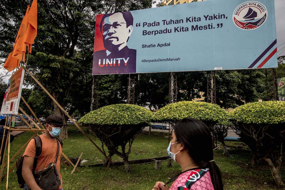 An election poster of Warisan president Datuk Seri Shafie Apdal is seen in Kota Kinabalu, Sabah September 20, 2020. — Picture by Firdaus Latif