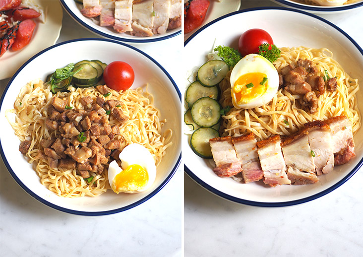The must eat is the minced pork noodles with its comforting, tender meat topping (left). Meat lovers can opt for the roasted pork version with crispy skin and tender meat with the house noodles (right)