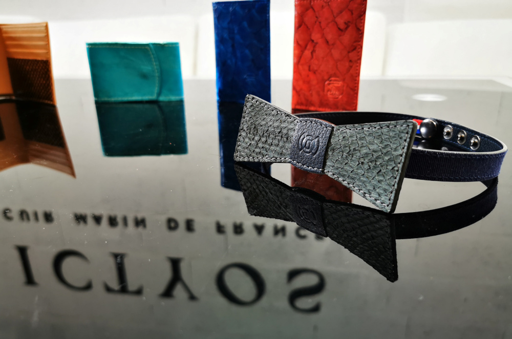 A bow tie made with salmon leather is displayed at Ictyosu00e2u20acu2122 showroom in its workshop in Saint-Fons, near Lyon, France, September 17, 2020. u00e2u20acu201d Reuters pic 