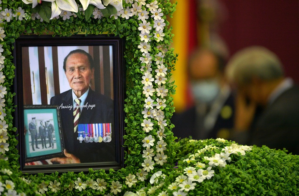 A photo of the late Iban war hero Awang Raweng is seen during his wake in Kuching September 21, 2020. u00e2u20acu201d Bernama pic