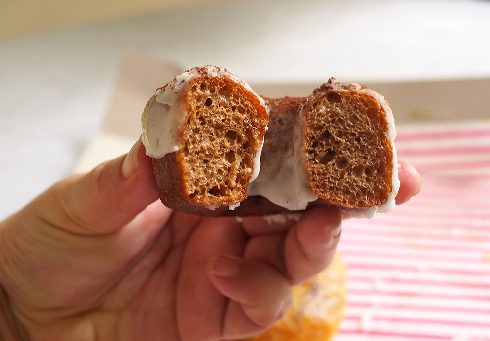 The texture of the doughnuts is soft with a richness from the sourdough starter used.