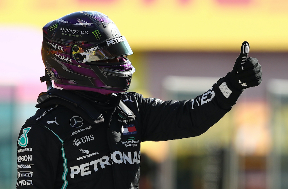 Mercedesu00e2u20acu2122 Lewis Hamilton celebrates qualifying in pole position at the Tuscan Grand Prix in Mugello, Scarperia e San Piero, Italy, 12 September, 2020. u00e2u20acu201d Reuters picnnn