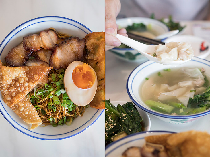 Hokkien style 'wantan mee' is darker due to soy sauce (left). A spoonful of 'wantan' (right).