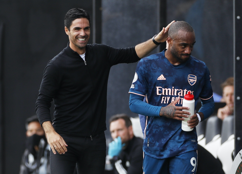 Arsenal manager Mikel Arteta with Alexandre Lacazette after he is substituted during the match against Fulham at Craven Cottage, London, September 12, 2020. u00e2u20acu201d Reuters picnnnn