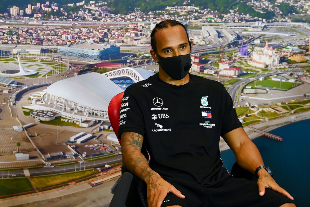 Mercedesu00e2u20acu2122 Lewis Hamilton during a press conference after qualifying in pole position at the Russian Grand Prix in the Sochi Autodrom, Sochi, Russia, September 26, 2020. u00e2u20acu201d Reuters picnn
