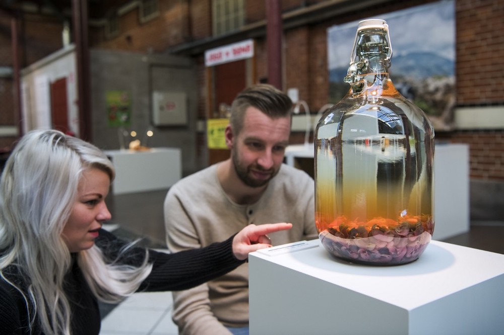 This file photo taken on November 7, 2018 shows visitors reacting to the u00e2u20acu02dcMouse Wineu00e2u20acu2122 from China presented at the Disgusting Food Museum in Malmo, Sweden. Poop wine and scorpion vodka are just some of the stars of a new exhibit on revolting alcohol at
