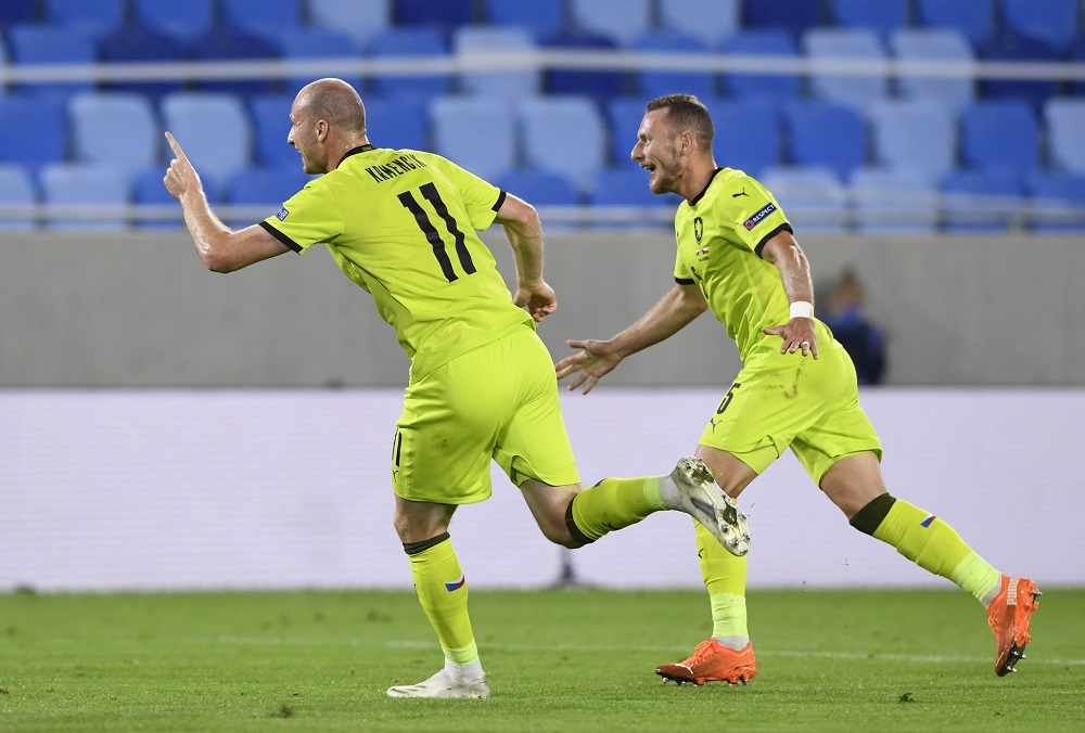 Czech Republic's Michael Krmencik celebrates after scoring the third goal against Slovakia September 5, 2020. u00e2u20acu2022 Reuters pic