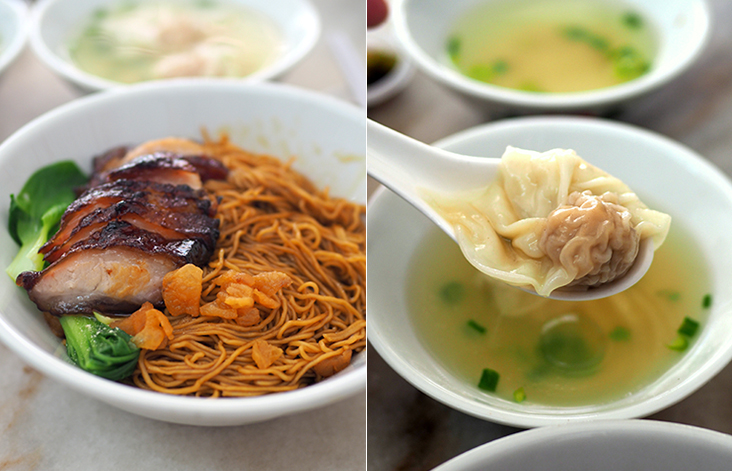Your 'char siew wantan' noodles has tender 'char siew' with fried lard croutons for a satisfying meal (left). Plump 'wantans' stuffed with minced meat have a silky skin (right)