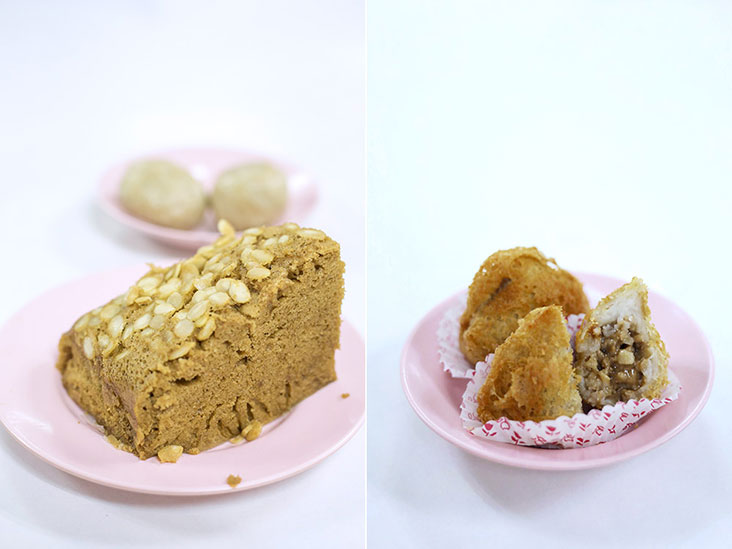 'Ma lai gou' or steamed sponge cake (left). 'Wu gok' or crispy taro puffs (right).