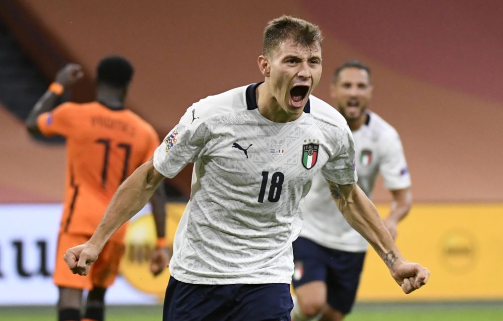 Italy's Nicolo Barella celebrates scoring their first goal against the Netherlands in Amsterdam September 7, 2020. u00e2u20acu201d Reuters pic