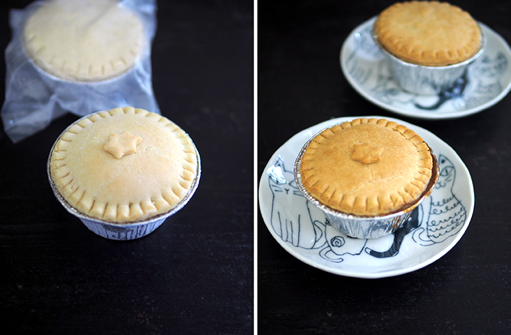 You can also order the pies in a frozen form that are individually packed to be stored in the freezer (left). Just pop them in an oven or even air fryer to heat them up until they are ready to eat (right)