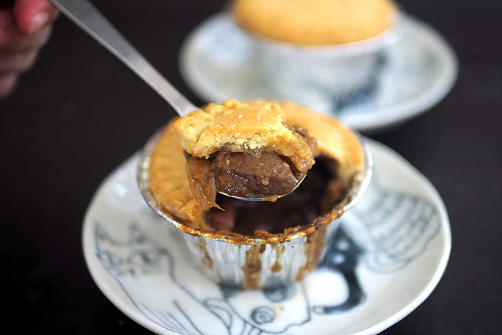 The beef goulash pie is tasty and the beef chunks have a tender texture