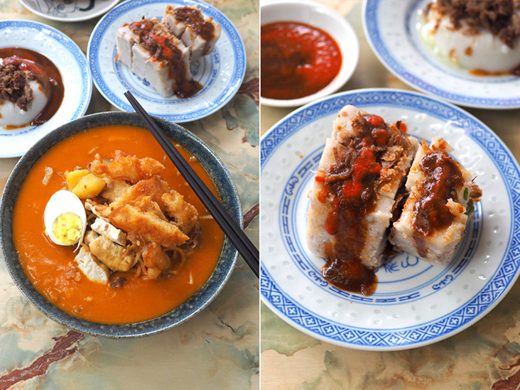 On Mondays, almost every table here has an order of 'mee rebus' (left). Enjoy the simple yam cake paired with sauces for breakfast (right)