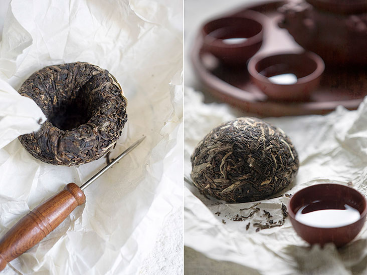 A multi-step affair: dislodging loose leaves from the tea cake to pouring the final brew into cups