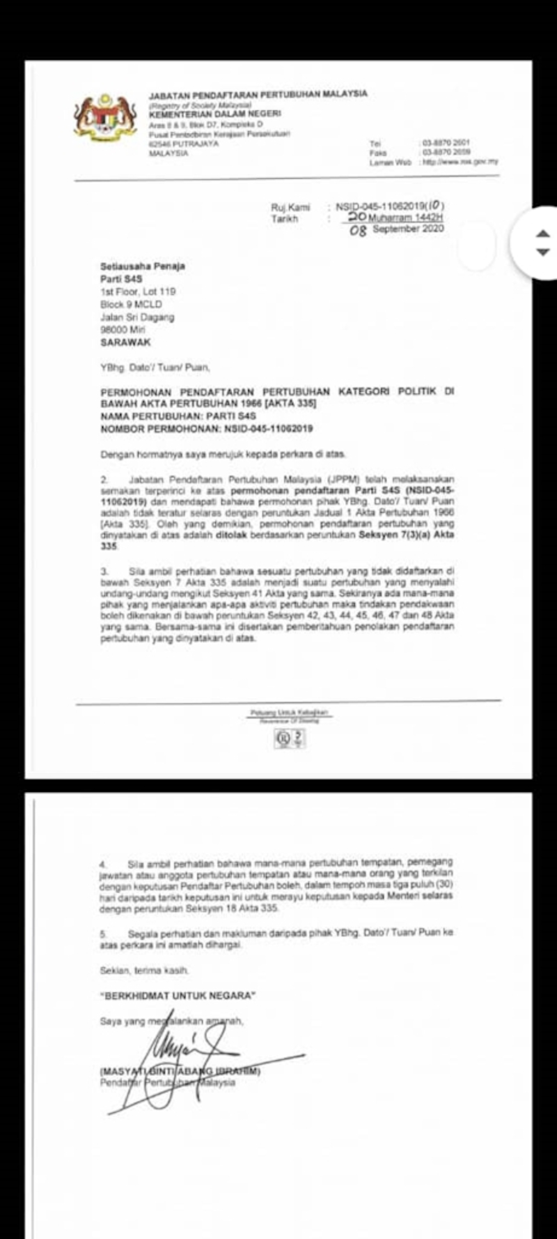 The letter from ROS as provided by Chin. — Borneo Post pic