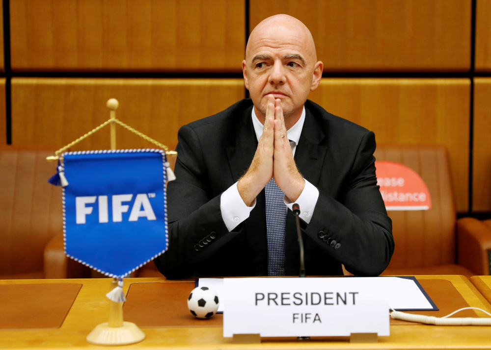 Fifa President Gianni Infantino waits for the start of a signing ceremony at the United Nations Office on Drugs and Crime (UNODC) headquarters in Vienna, Austria September 14, 2020. u00e2u20acu201d Reuters pic
