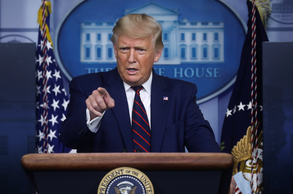 US President Donald Trump points as he answers questions during a news conference at the White House in Washington, US, September 4, 2020. u00e2u20acu201d Reuters picnn