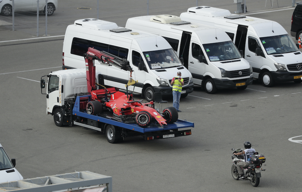 The car of Ferrariu00e2u20acu2122s Sebastian Vettel on a tow vehicle during qualifying during the Russian Grand Prix at the Sochi Autodrom in Sochi, Russia, September 26, 2020. u00e2u20acu201d Reuters picnnn