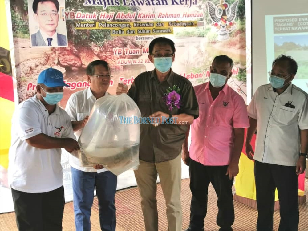 Datuk Abdul Karim Rahman Hamzah (centre) receives a fully grown Semah fish harvested from the tagang project September 13, 2020. u00e2u20acu201d Borneo Post pic