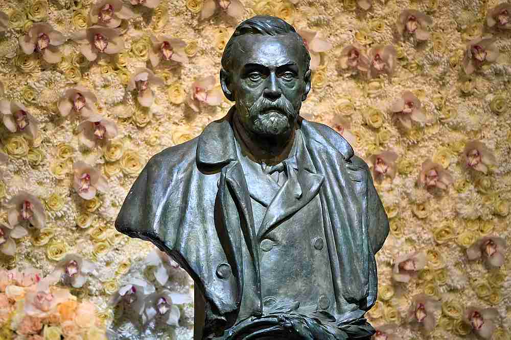 A bronze bust of Alfred Nobel is pictured before the Nobel Prize ceremony at Stockholm Concert Hall, in Stockholm, Sweden December 10, 2019. u00e2u20acu201d TT News Agency pic via Reuters