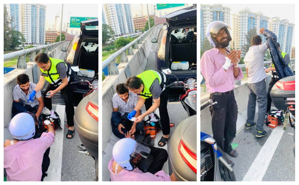 A Malaysian Civil Defence Force Officer gave emergency medical attention to motorcyclists who crashed into his car. u00e2u20acu2022 Picture via Facebook