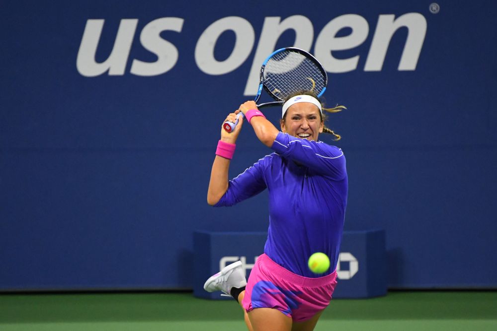 Victoria Azarenka hits a backhand against Elise Mertens in a women's singles quarter-finals match at USTA Billie Jean King National Tennis Center September 9, 2020. u00e2u20acu201d Reuters pic