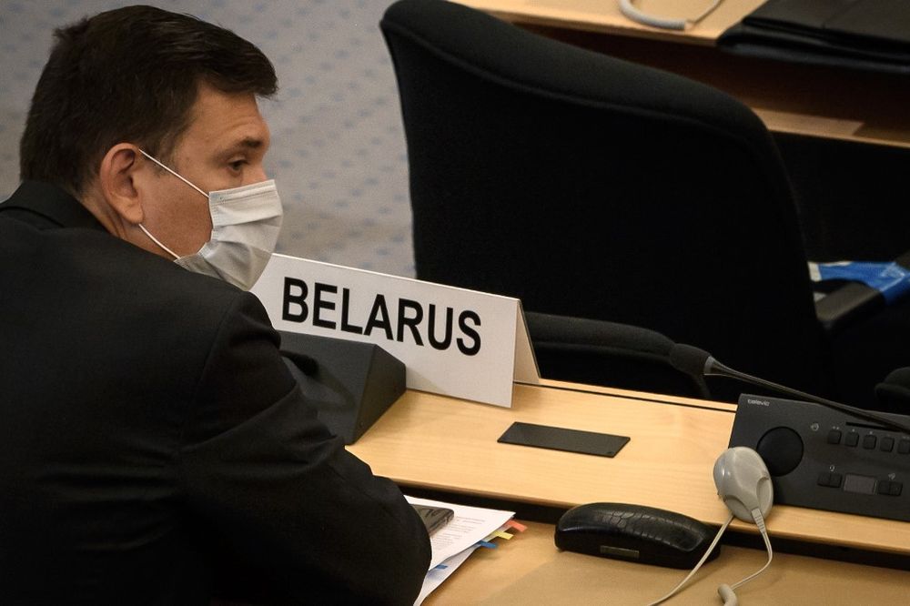 Belarusu00e2u20acu2122 ambassador Yury Ambrazevich wearing a protective face mask attends a meeting of the United Nations Human Rights Council on allegations of torture and other serious violations in his country, September 18, 2020 in Geneva. u00e2u20acu201d AFP pic