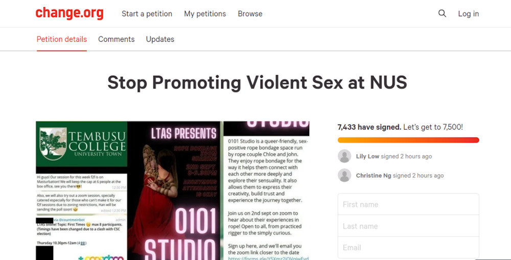 A petition on Change.org (pictured), which included a poster promoting an event on safe sexual practices, had attracted 7,400 signatures by September 1, 2020. u00e2u20acu201d Change.org screen grab via TODAY