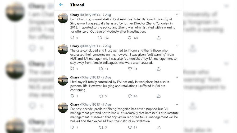 An East Asian Institute employee claims that she had been given a 'soft warning' by the institute and the National University of Singapore and had suffered 'bullying and retaliations.' u00e2u20acu201d Twitter image via TODAY