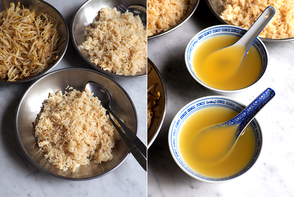 At the eatery, their food is served on stainless steel plates, just like this fragrant 'yau fan' cooked in chicken broth, pandan leaves, lemongrass juice and chicken fat (left). Even the soup given to you with the chicken rice is delicious and has been boiled for at least three hours (right).