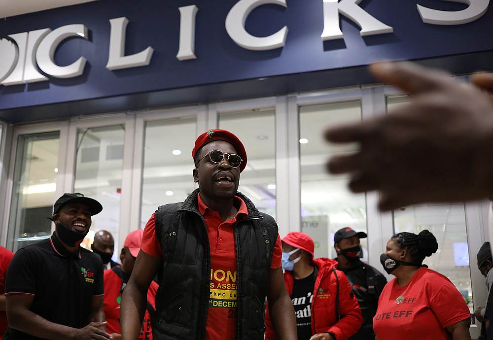 Members of the opposition Economic Freedom Front (EFF) protest outside a branch of drug store chain Clicks in Johannesburg, South Africa September 7, 2020. u00e2u20acu201d Reuters pic