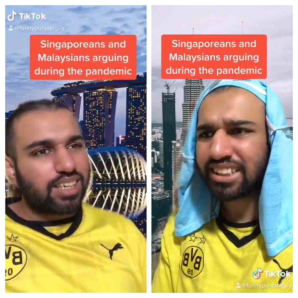 Calvin Singh plays a Malaysian and a Singaporean comparing their lives during the Covid-19 pandemic. u00e2u20acu201d Twitter/FunnyPunjabiGuy screengrabs