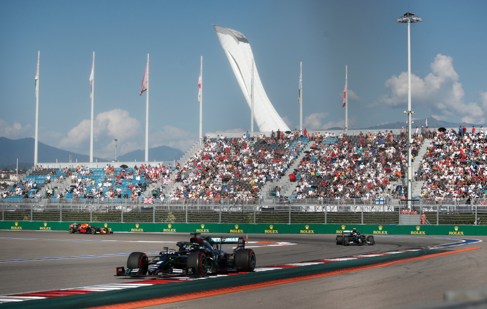 Mercedesu00e2u20acu2122 Lewis Hamilton, Mercedesu00e2u20acu2122 Valtteri Bottas and Red Bullu00e2u20acu2122s Max Verstappen in action during the Russian Grand Prix at the Sochi Autodrom in Russia, September 27, 2020. u00e2u20acu201d Reuters pic 