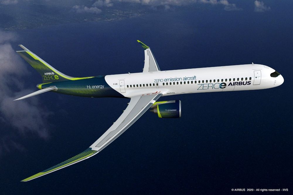 This handout computer-generated image released on September 21, 2020 by the European multinational aeronautics company Airbus shows a prototype of zero-emission hydrogen-powered aircraft. u00e2u20acu201d AIRBUS / AFP pic