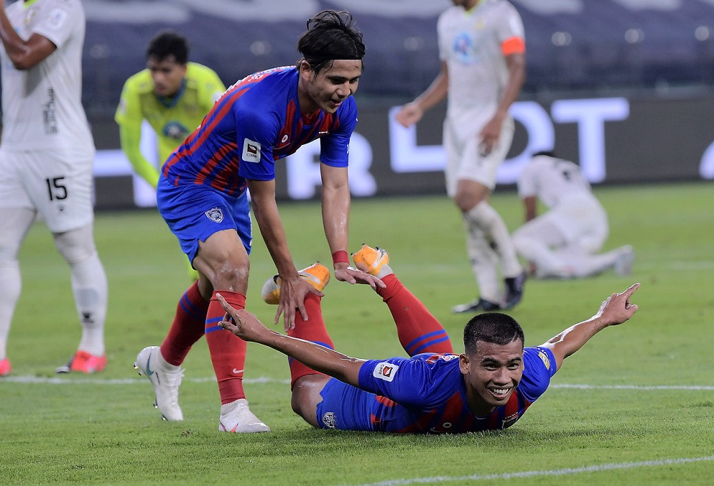 JDTu00e2u20acu2122s Muhammad Safawi Rashid celebrates after scoring a goal against Perak September 4, 2020. u00e2u20acu2022 Bernama pic