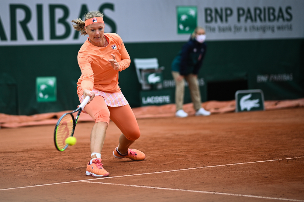 Kiki Bertens plays a forehand return to Katarina Zavatska during their womenu00e2u20acu2122s singles first round tennis match at the Suzanne Lenglen court on Day 2 of The Roland Garros 2020 French Open tennis tournament in Paris September 28, 2020. u00e2u20acu201d AFP pic 