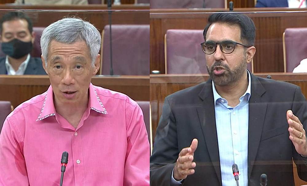 Prime Minister Lee Hsien Loong (left) and Leader of the Opposition Pritam Singh speaking in Parliament September 2, 2020. u00e2u20acu201d Singapore Parliament screengrab via TODAY