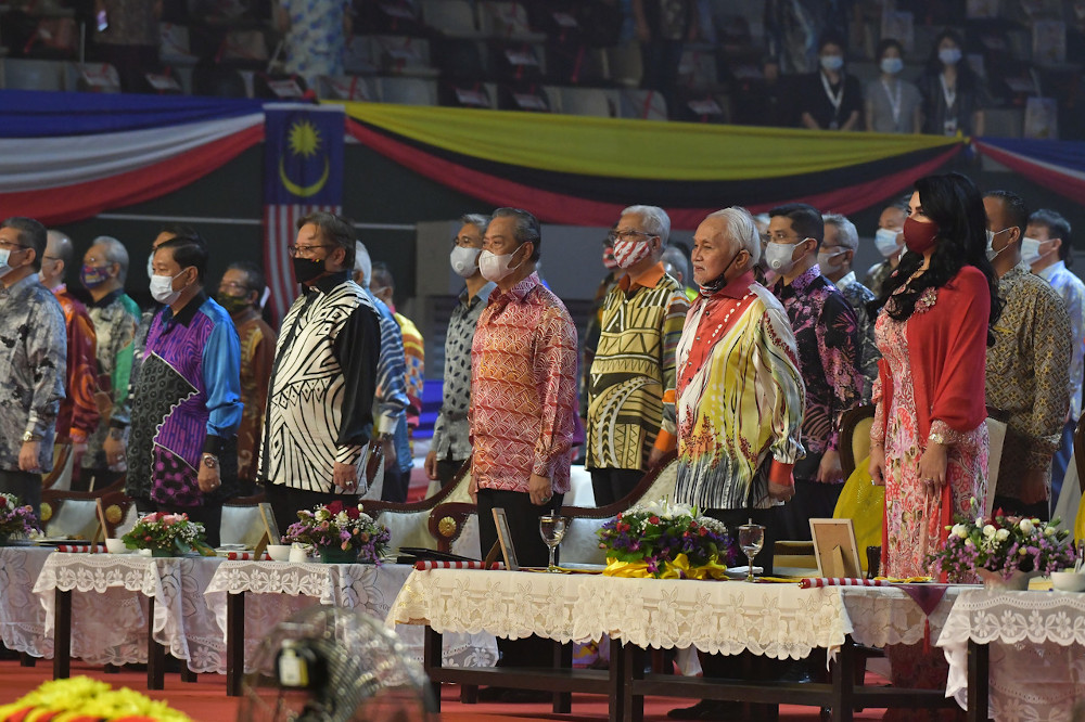 Sarawak Yang Dipertua Tun Abdul Taib Mahmud, Prime Minister Tan Sri Muhyiddin Yassin and Sarawak Chief Minister Datuk Patinggi Abang Johari Tun Openg at the Malaysia Day Celebration, Sibu Indoor Stadium September 16, 2020. u00e2u20acu201d Bernama pic