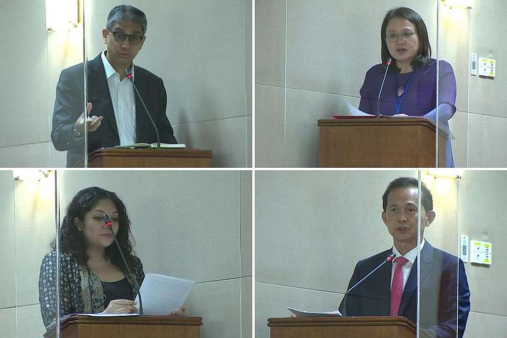 (Clockwise from top left) Workers' Party's Leon Perera and Ms Silvia Lim, Progress Singapore Party's Leong Mun Wai and WP's Raeesah Khan, who all spoke in parliament September 1, 2020. u00e2u20acu201d Singapore Parliament screengrabs via TODAY