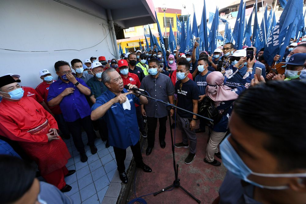 Prime Minister Tan Sri Muhyiddin Yassin delivering a speech in a gathering before the nomination process for the Sabah state election at Tuaran Parti Pribumi Bersatu Malaysia (Bersatu) office, September 12, 2020.u00e2u20acu00a8Also present is Perikatan Nasional 