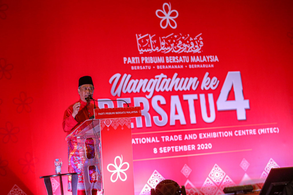 Bersatu president Tan Sri Muhyiddin Yassin giving his opening speech at Bersatuu00e2u20acu2122s fourth anniversary celebrations in Mitec Kuala Lumpur September 8, 2020. u00e2u20acu201d Picture by Hari Anggara
